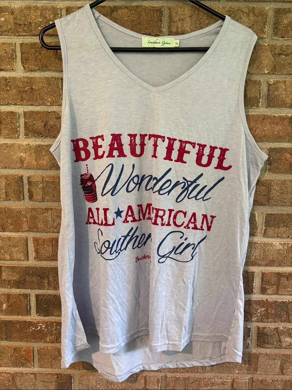 Southern Grace Light Blue Sleeveless Graphic Tank with Red and Navy Lettering